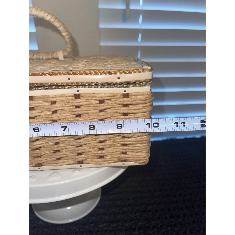 Vintage Wicker Woven Sewing Box Basket Green Satin Ratan 10